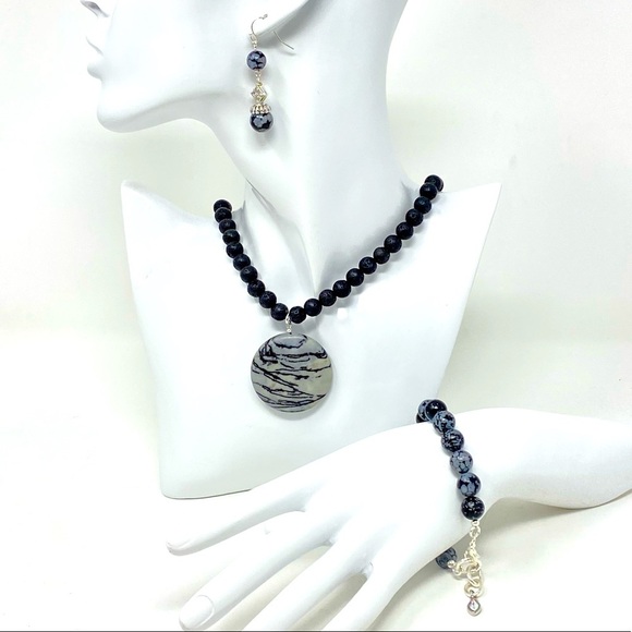 Lava rock necklace with marble pendant & snowflake jasper bracelet + earrings - Picture 1 of 8